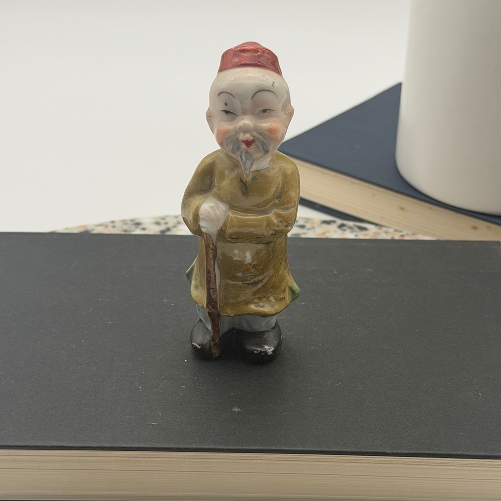 Vintage Japan Ceramic Wise Man with Cane Figurine Red Cap 4 Inch